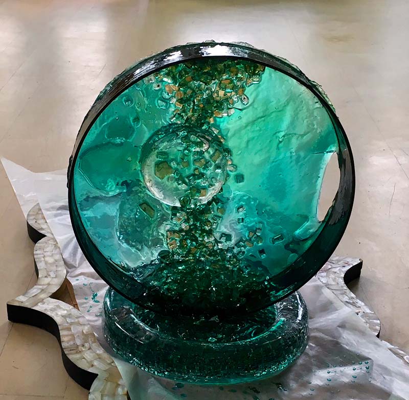 abstract dyed resin and metal sculpture green