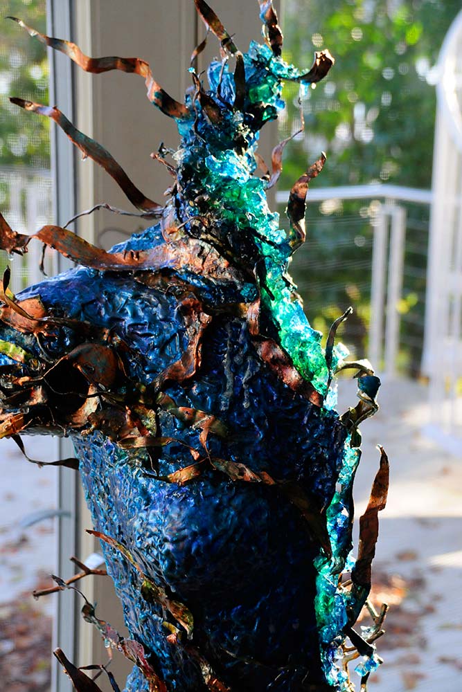 Mermaid abstract metal and dyed resin sculpture detail